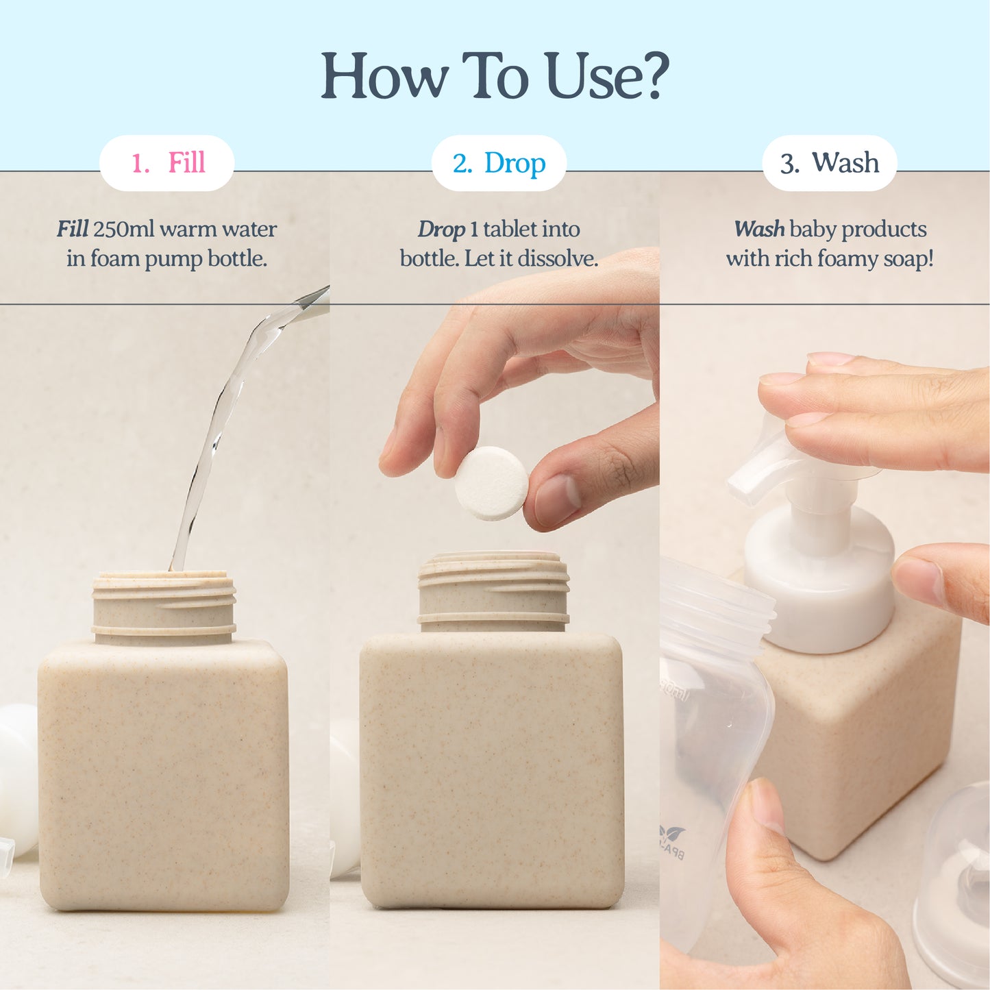 ARIA Foaming Baby Bottle Tablet Refills - 6 Pack Tablets - Organic and Hypoallergic Cleanser - Makes 6 x 250ml bottles