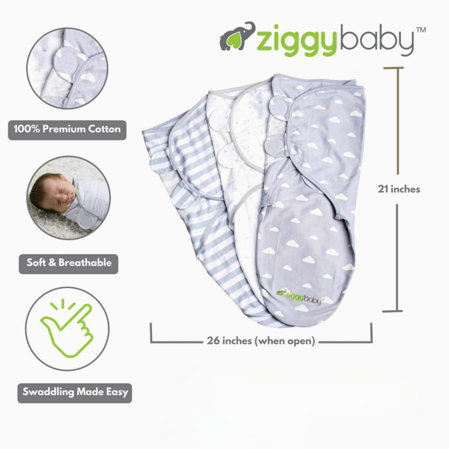 Organic Baby Adjustable Swaddle - Grey Cloud, Stripe, Stars Series