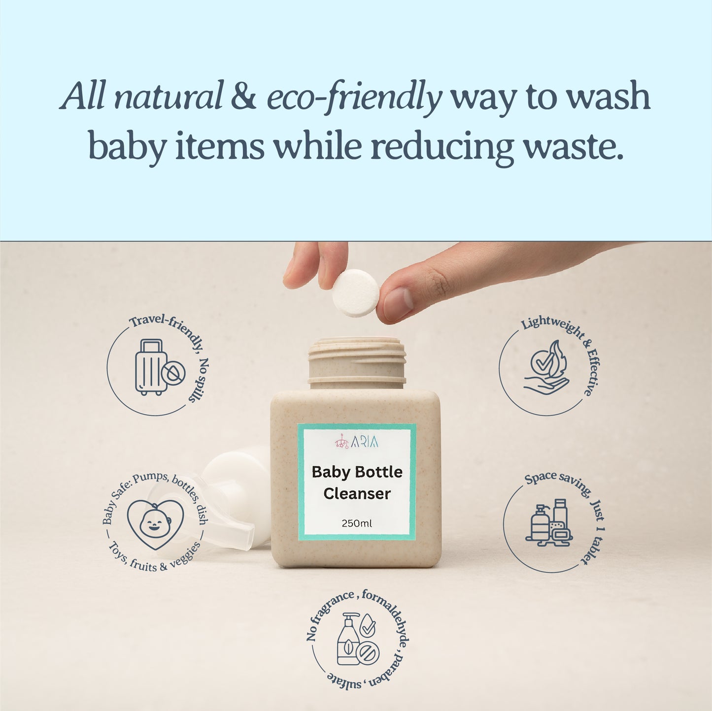 ARIA Foaming Baby Bottle Tablet Refills -  6 Pack Tablets - Organic and Hypoallergic Cleanser - Makes 6 x 250ml bottles